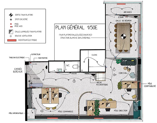 plan, bureaux, professionnels, dessin, croquis