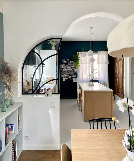 cuisine, béton, ciré, bois, verrière, arche, zellige